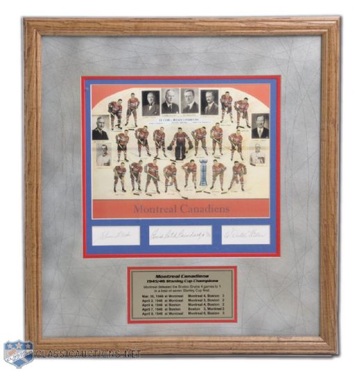 Framed 1945-46 Stanley Cup Champion Montreal Canadiens Photo Tribute With Lach, Bouchard and Hiller Autographs