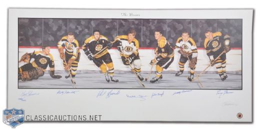 Boston Bruins Lithograph Autographed by 7 HOFers, Including Orr (18"x 39")
