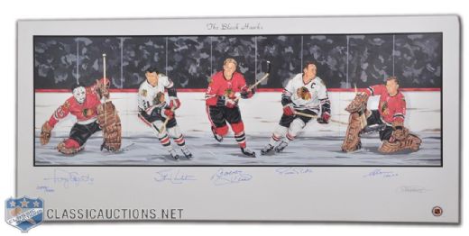 Chicago Black Hawks Lithograph Autographed by 5 HOFers (18" x 39")