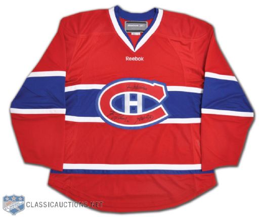 Montreal Canadiens Red Reebok Jersey Signed on Crest by Beliveau, Lafleur and H. Richard