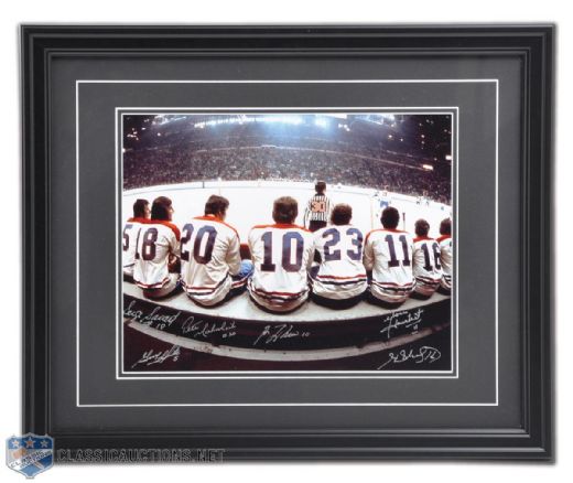 ?The Bench 11x14 Framed Photo Signed by 6 inc. Lafleur, Mahovlich, Savard & H. Richard