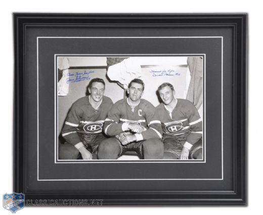 Jean Beliveau & Dickie Moore Signed "Friends for Life" Montreal Canadiens Dressing Room Framed Photo with Maurice Richard (18" x 22")