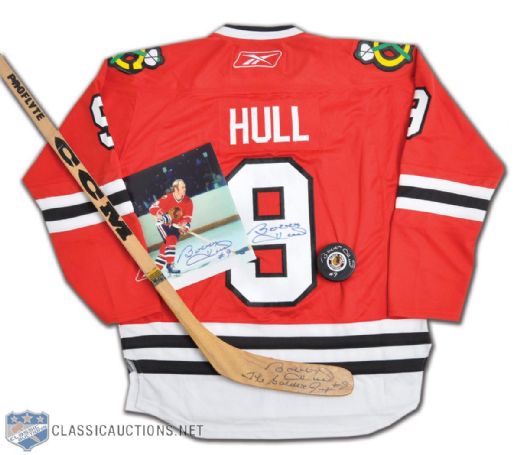 Bobby Hull Autographed Memorabilia Collection of 4, Including Signed Chicago Black Hawks Jersey, Stick, Puck and Photo