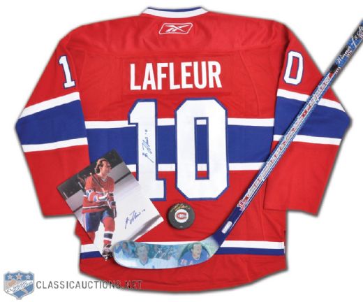 Guy Lafleur Autographed Memorabilia Collection of 4, Including Signed Montreal Canadiens Jersey, Limited-Edition Stick, Puck and 10x8 Photo