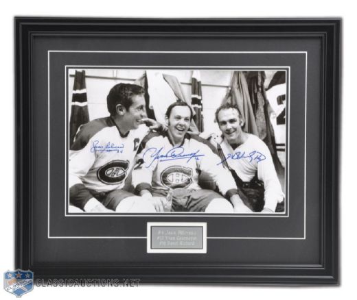 Jean Beliveau, Yvan Cournoyer & Henri Richard Signed Montreal Canadiens Dressing Room Framed Photo (18" x 22")