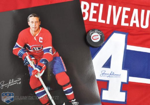 Jean Beliveau Autographed Collection of 3, Including Montreal Canadiens Jersey, Puck and 16x20 Photo
