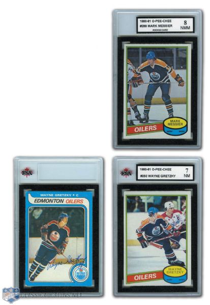 1979-80 OPC Autographed Wayne Gretzky Rookie Card and 80-81 KSA-Graded Cards of Gretzky & Messier (RC)