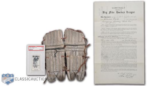 Charlie Reid 1921 WCHL Calgary Tigers Signed Contract, 1923-24 Paulins Candy Card & Goalie Pads Attributed to Reid