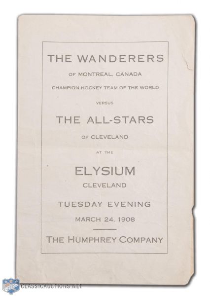 Montreal Wanderers 1908 Stanley Cup Champions Hockey Program