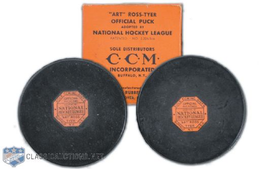 1946-50 Art Ross / CCM Game Puck Collection of 2 With "CCM" Box