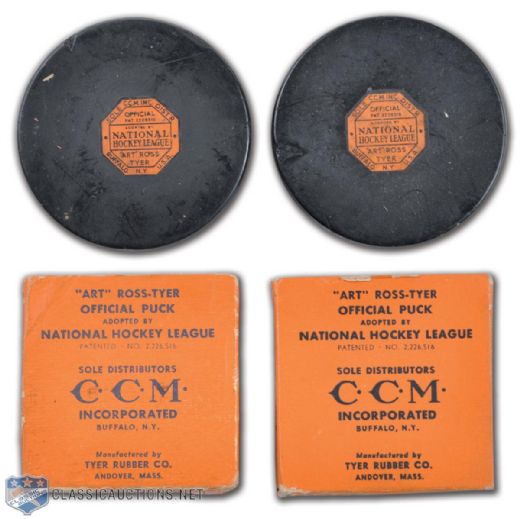 1946-50 Art Ross / CCM Game Puck Collection of 2 with Original CCM Boxes