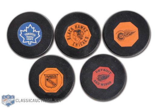 Collection of 5 Pucks Including "Original Six" Rangers, Black Hawks & Red Wings (2)