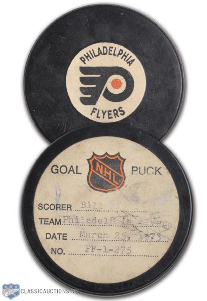 Bill Flett 1973 Philadelphia Flyers Goal Puck from NHL Goal Puck Program