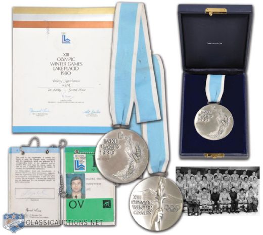 Valeri Kharlamovs Team Russia 1980 Winter Olympics Silver Medal, Winners Diploma and Signed Athletes ID Pass