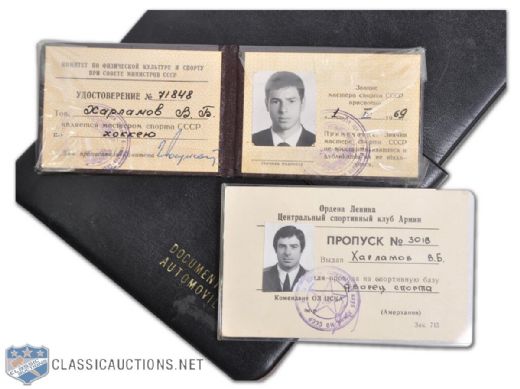 Valeri Kharlamovs 1969 Master of Sports Diploma, ZSKA Ice Palace Entry Pass and Car Document Holder from Car Accident