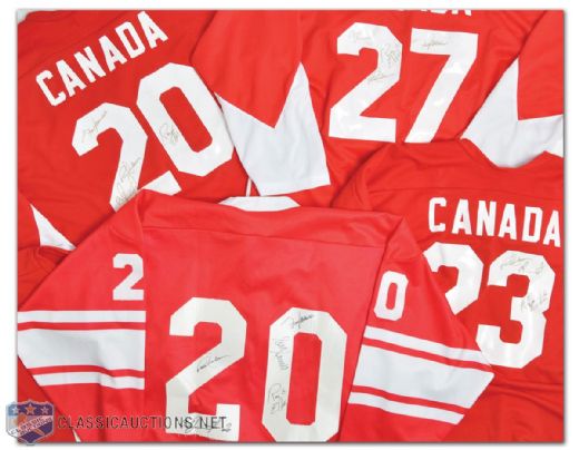 Multi-Signed 1972 Team Canada and CCCP Jerseys and T-Shirts Collection of 10 Featuring Henderson and Tretiak