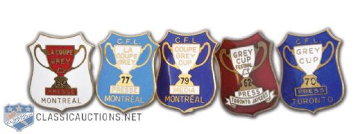 1962-79 CFL Grey Cup Press Pin Collection of 5