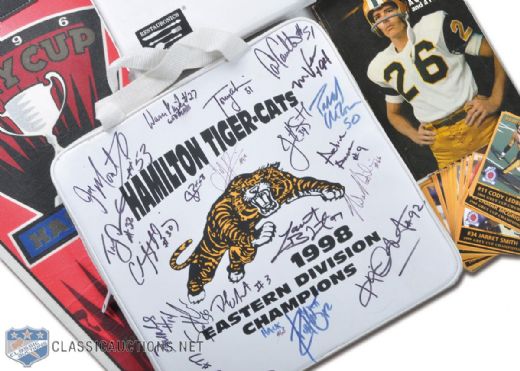 Hamilton Tiger Cats Memorabilia Collection Including Team-Signed 1998 Division Champions Seat Cushion & Autographed Garney Henley Book