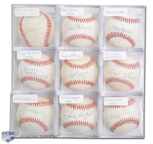 Hall of Fame Pitchers Signed Baseball Collection of 9, Including Feller, Spahn and Koufax