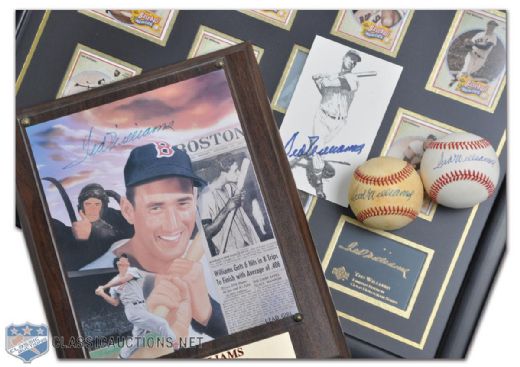 Boston Red Soxs Ted Williams Signed Collection of 4 & Limited-Edition Upper Deck "Baseball Heroes" 10-Card Set Commemorative Frame (17 1/2" x 21 1/2")