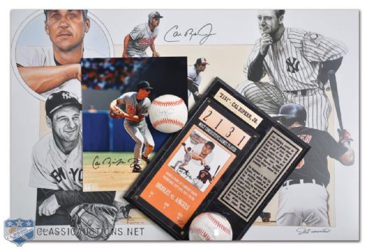 Cal Ripken Jr Signed Baseball, Photo and Framed Lithograph Collection of 4