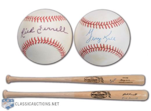 HOFers Rick Ferrell & George Kell Autographed Baseball & Game Model Bat Collection of 4