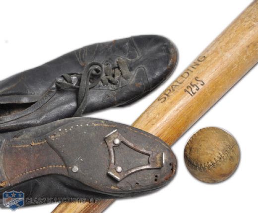 Vintage Spalding 40-Ounce Bat, Hand-Made Baseball and Black Leather Cleats