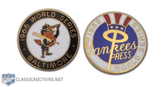 1962 New York Yankees and 1966 Baltimore Orioles World Series Press Pin Collection of 2