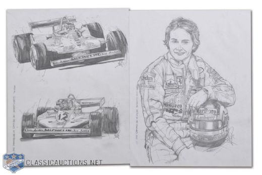 Gilles Villeneuve Portrait and Car Shot Original Sketches Lot of 2