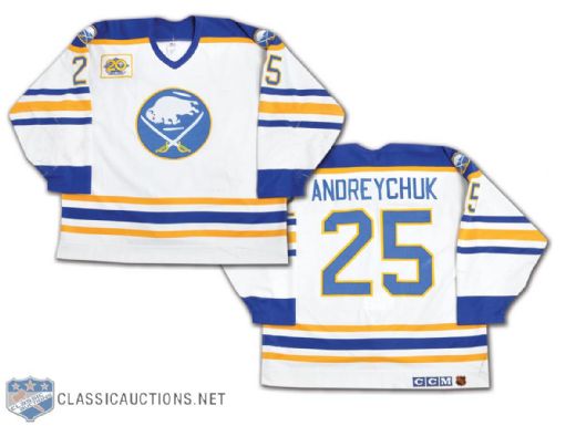 Dave Andreychuks 1989-90 Game-Worn Buffalo Sabres 20th Anniversary Jersey with Team Repairs