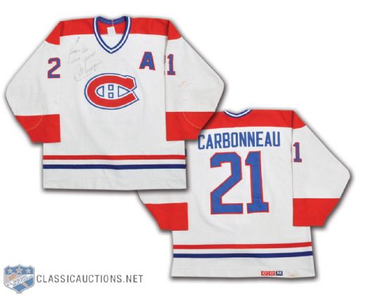 Guy Carbonneaus Circa 1988 Montreal Canadiens Autographed Game-Worn Jersey Hammered<br> with Team Repairs