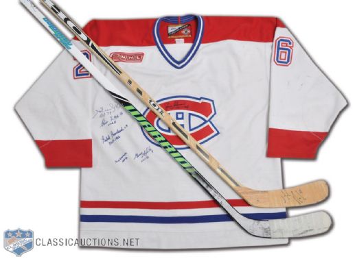 Montreal Canadiens Game-Used Jersey and Sticks Collection of 3