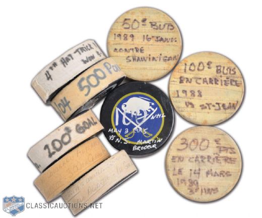 Donald Audettes Milestone Puck Collection of 9, Including 100th & 200th Goal Pucks