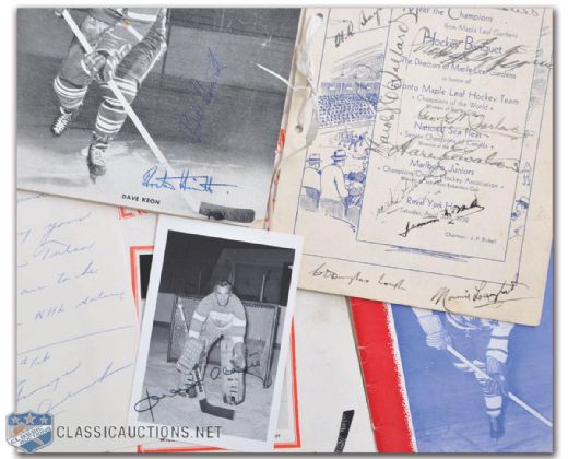 Vintage Hockey Programs and Autographed Memorabilia Collection of 6 with Plante Signed Photo