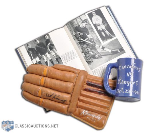 Ted Kennedy Vintage Signed Hockey Glove, 1951 Royal Visit Habs/Rangers Mug & Turofsky Book