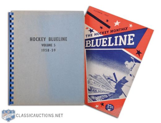 October 1954 Blueline Gordie Howe Inaugural Issue, Plus Bound Volume of Eight 1958-59 Blueline Issues