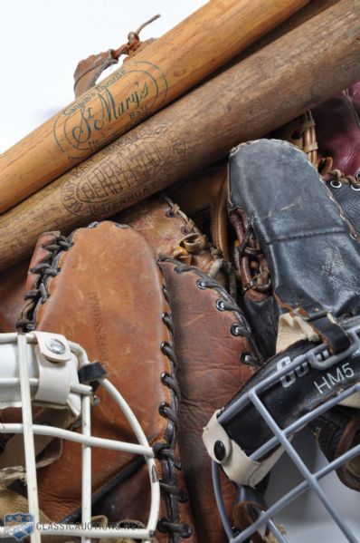 Vintage Baseball & Lacrosse Equipment Lot of 19, Featuring Gloves, Masks, Bats & Sticks