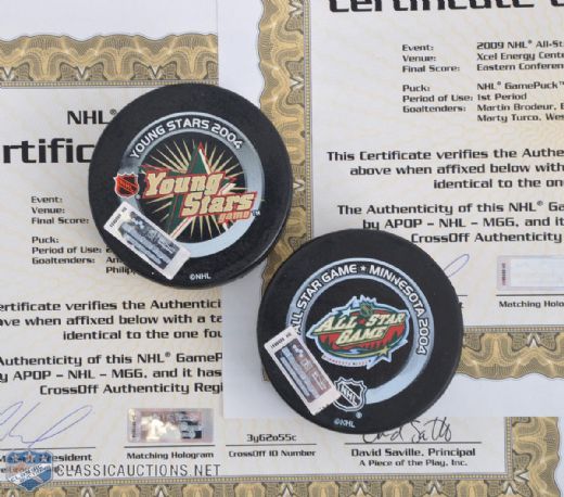 2004 Game-Used Pucks from NHL All-Star Game and Young Stars Game<br> with NHL GamePucks Program LOAs
