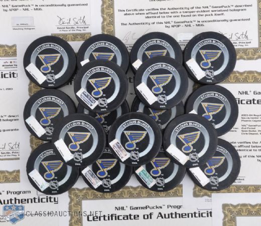 2003-04 St. Louis Blues Collection of 17 Game-Used Pucks with NHL GamePucks Program LOAs