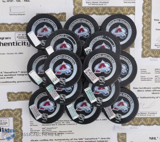 2003-04 Colorado Avalanche Collection of 15 Game-Used Pucks with NHL GamePucks Program LOAs