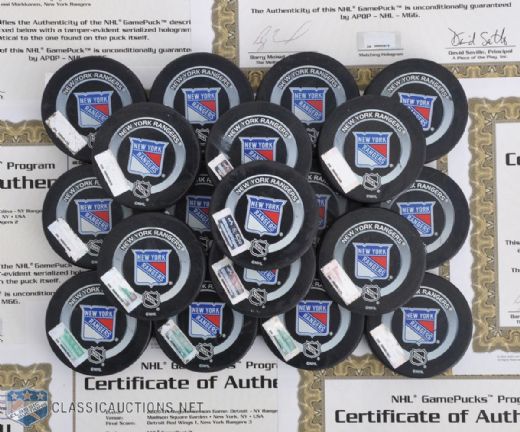 2003-04 New York Rangers Collection of 19 Game-Used Pucks with NHL GamePucks Program LOAs