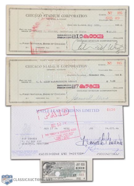 Harold Ballard, James Norris and Arthur Wirtz Signed Check Collection of 3 <br>Plus 1930 Chicago Stadium Corporation Bond Interest Coupon