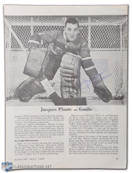 Jacques Plante Autographed Picture From Blueline Magazine Page