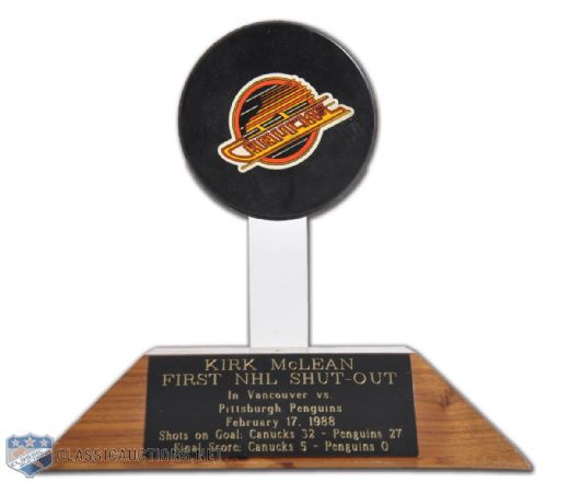 Kirk McLeans 1988 Vancouver Canucks First NHL Shutout Trophy and Locker Nameplate