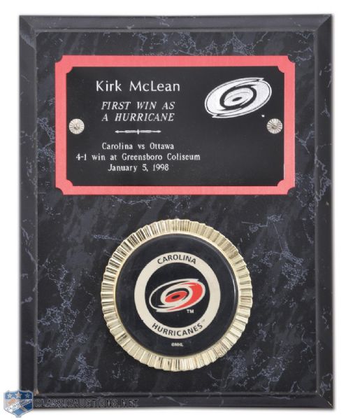 Kirk McLeans 1998 Carolina Hurricanes First Win Puck Display