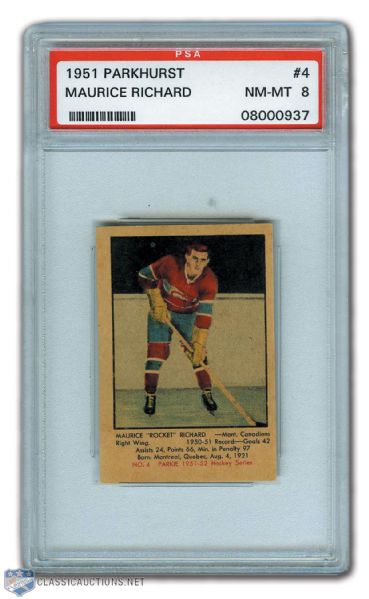 1951-52 Parkhurst #4 HOFer Maurice Richard RC - Graded PSA 8