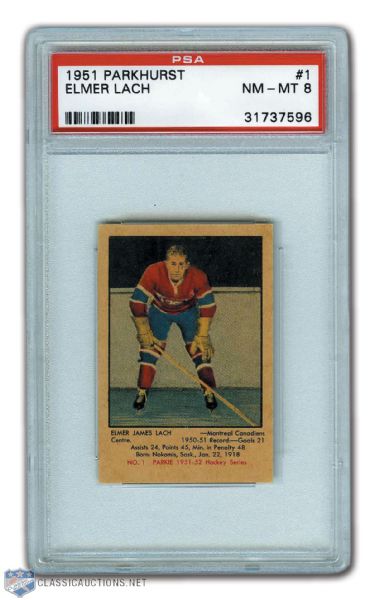 1951-52 Parkhurst #1 HOFer Elmer Lach Graded PSA 8