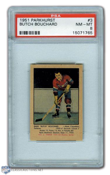 1951-52 Parkhurst #3 HOFer Butch Bouchard RC - Graded PSA 8