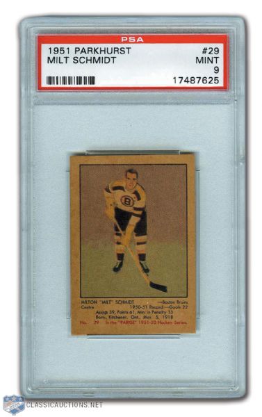 1951-52 Parkhurst #29 HOFer Milt Schmidt Graded PSA 9 - None Higher!