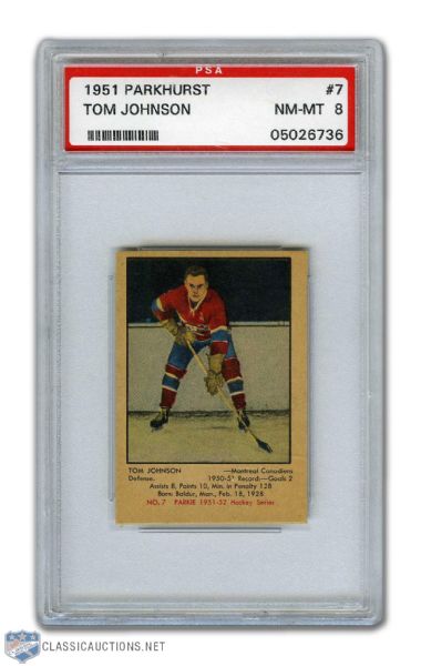 1951-52 Parkhurst #7 HOFer Tom Johnson RC - Graded PSA 8
